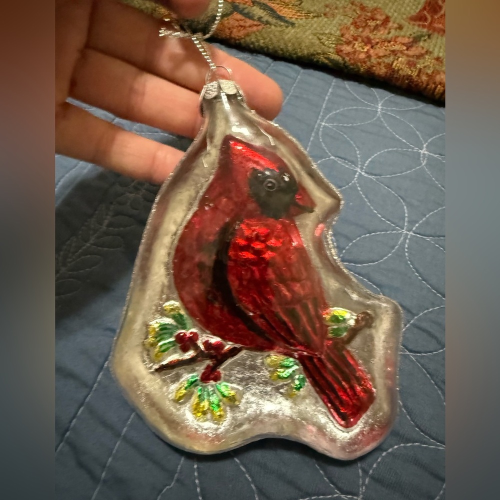 Puffed glass with painted cardinal Christmas ornament holiday decor unique
